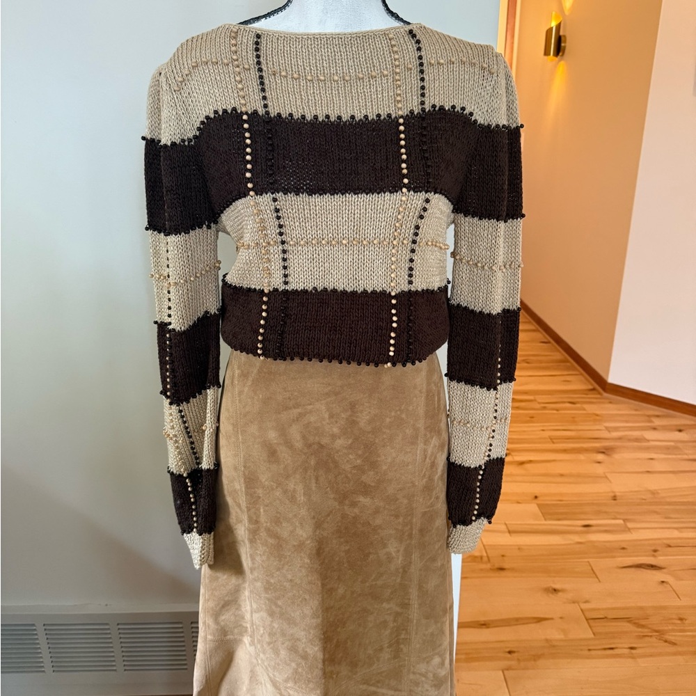 Collectible/unique Nallell Brown and Cream Striped Sweater w tiny wooden beads